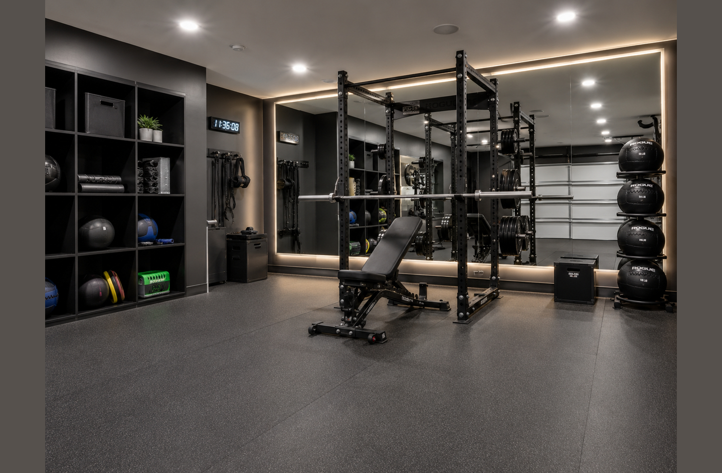 A single large wall mounted mirror panel behind a Rogue squat rack and bench in a home gym, with integrated LED backlighting on a dark wall.