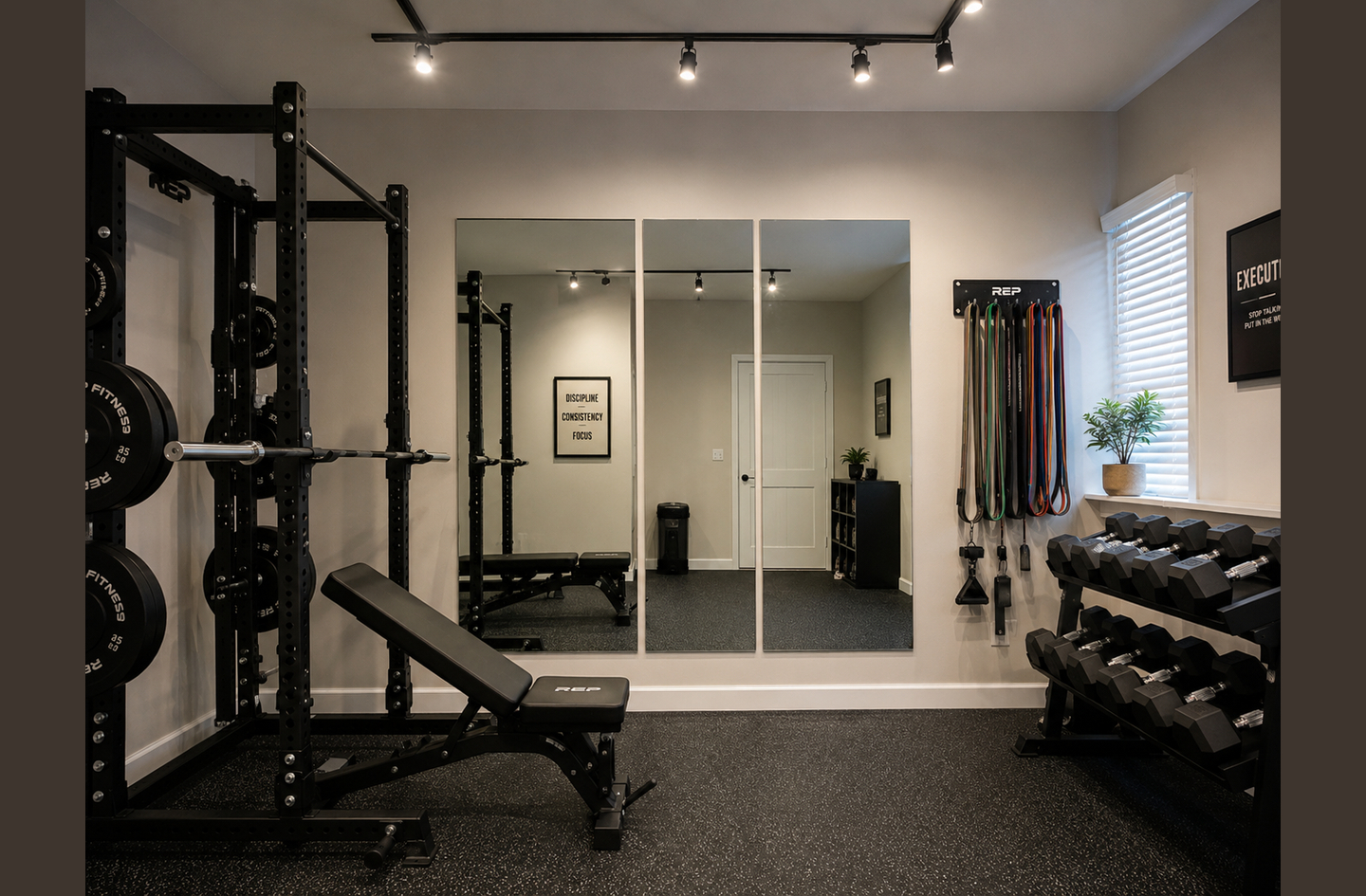 Three wall mounted mirrors sized to span the squat rack and bench area in a home gym mirror size planning example.
