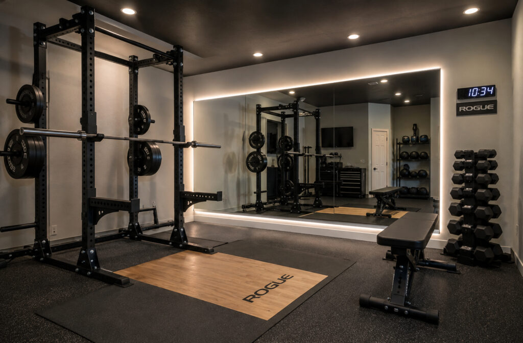 Home gym lighting and mirrors example: a power rack on a wood-inlaid lifting platform facing a wide wall mirror with integrated LED backlighting