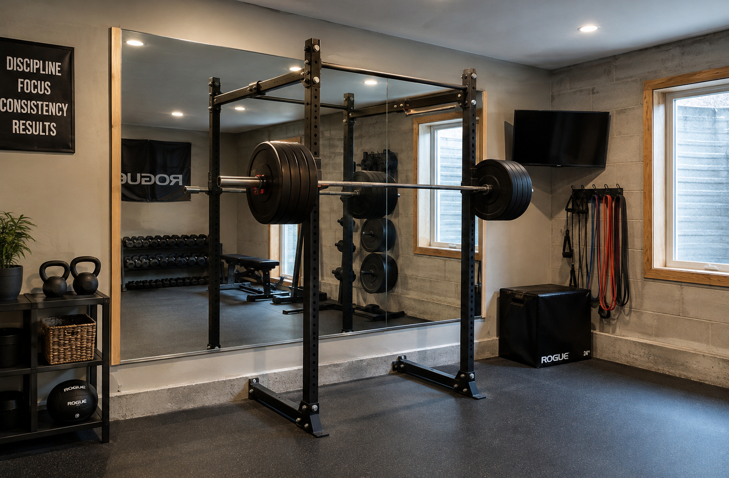 A two-panel wall mirror with a thin wood frame and a visible center seam stands above a concrete base course in a basement gym, beside a block wall, reflecting a loaded squat rack.