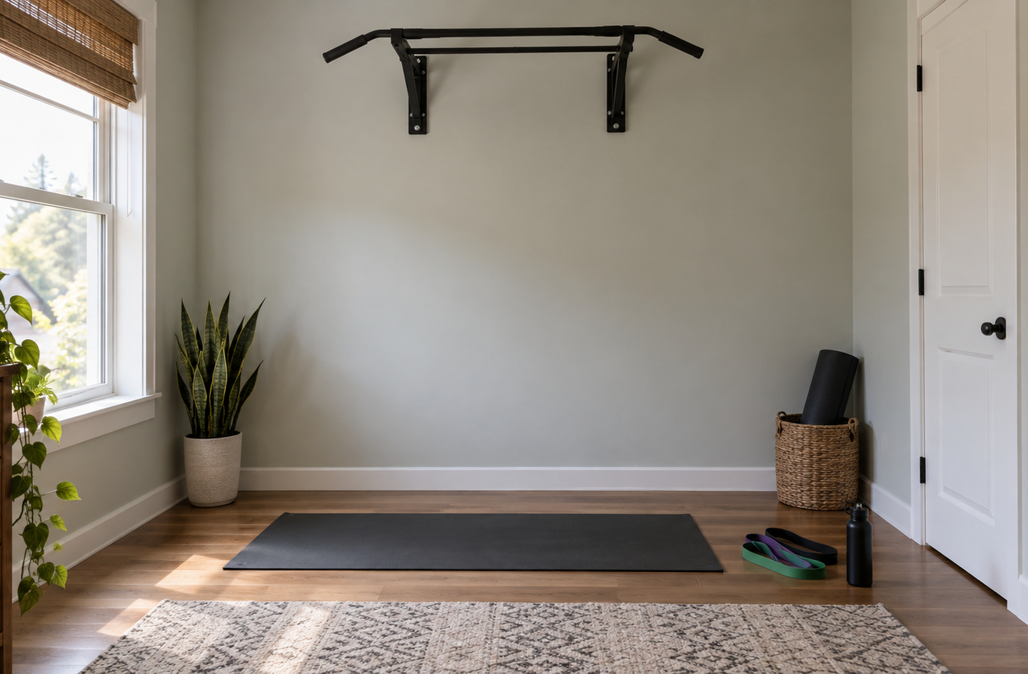 A black wall-mounted pull-up bar installed high on a light gray wall above a yoga mat on a hardwood floor, with a potted plant and a basket holding a rolled mat beside it.