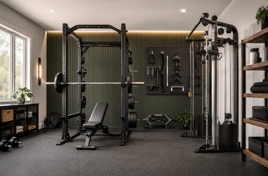 A compact cable machine with two weight stacks and adjustable pulleys stands beside a squat rack in a home gym, with cable attachments hung on a pegboard.