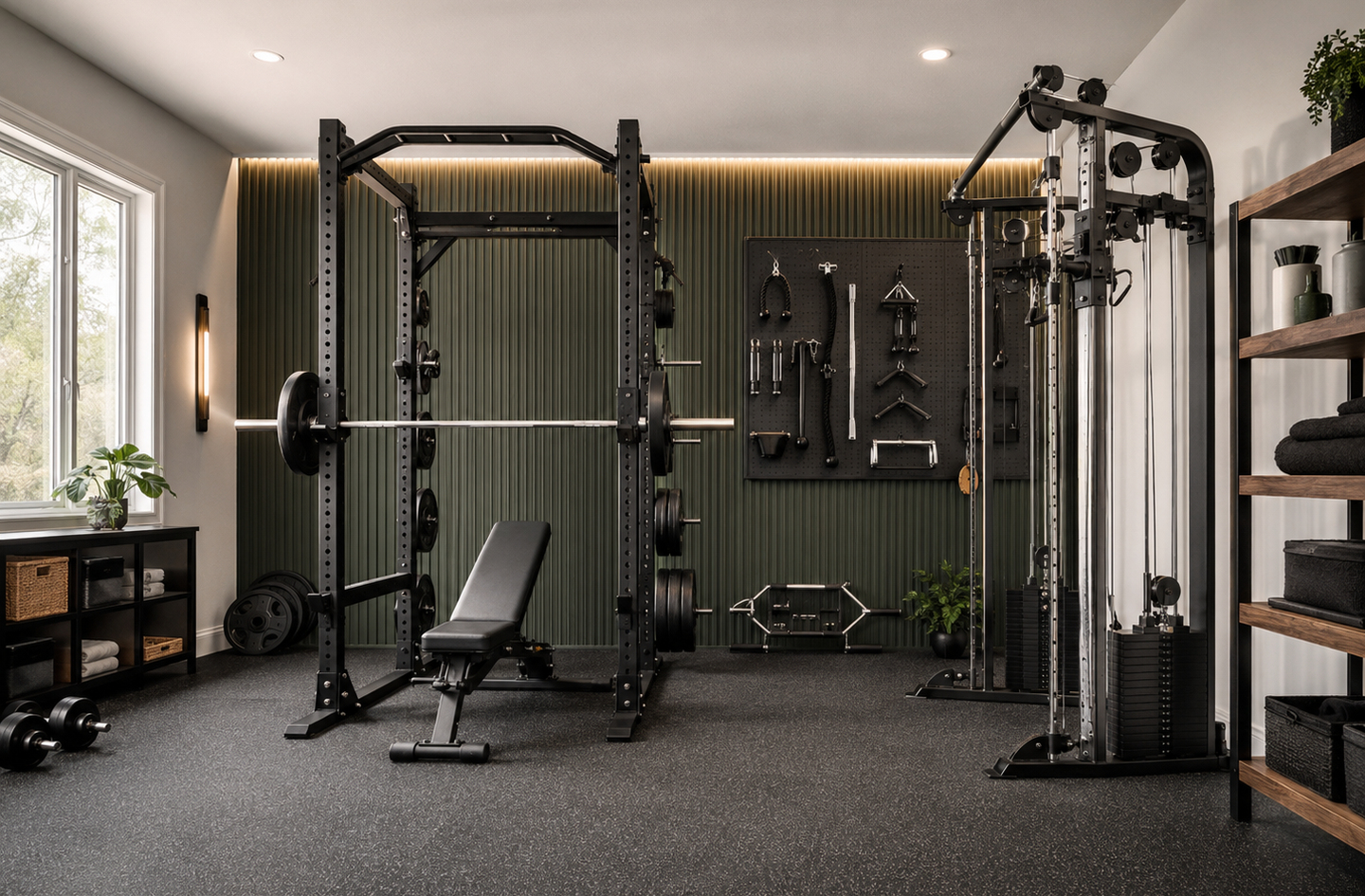 A compact cable machine with two weight stacks and adjustable pulleys stands beside a squat rack in a home gym, with cable attachments hung on a pegboard.