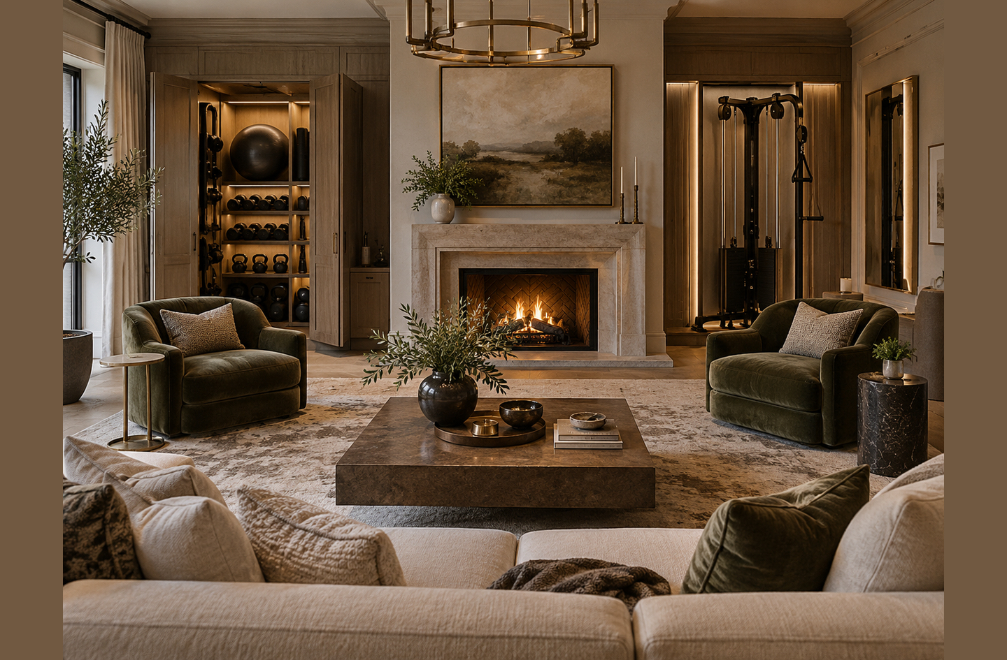 A compact cable tower set into a lit alcove beside a fireplace in a living room, with an armchair placed in front of it.