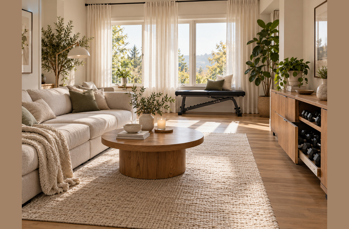 Living room home gym ideas in practice: a weight bench under a bright window, a sofa and round coffee table on a wool rug, and dumbbells on the open shelves of a wooden media console.