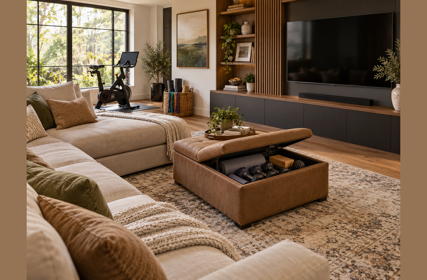 A tan leather storage ottoman in a living room stands open to show dumbbells, a yoga mat and blocks inside, with an exercise bike by the window and a television wall behind.