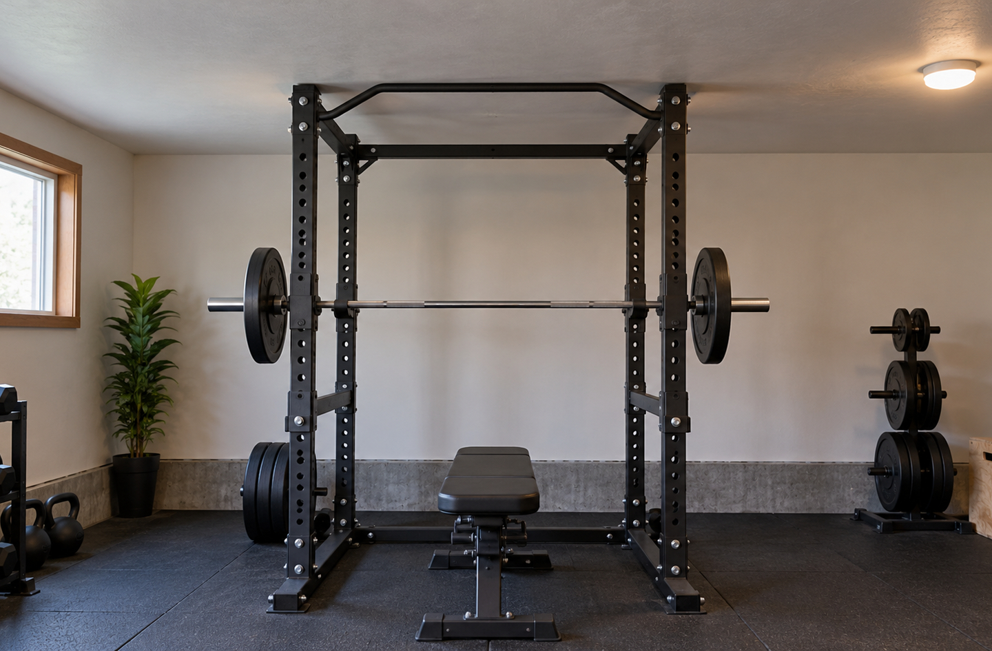 An olympic barbell loaded with weight plates rests in a black power rack beside a flat bench on rubber flooring, with a ceiling light above the home rack setup.