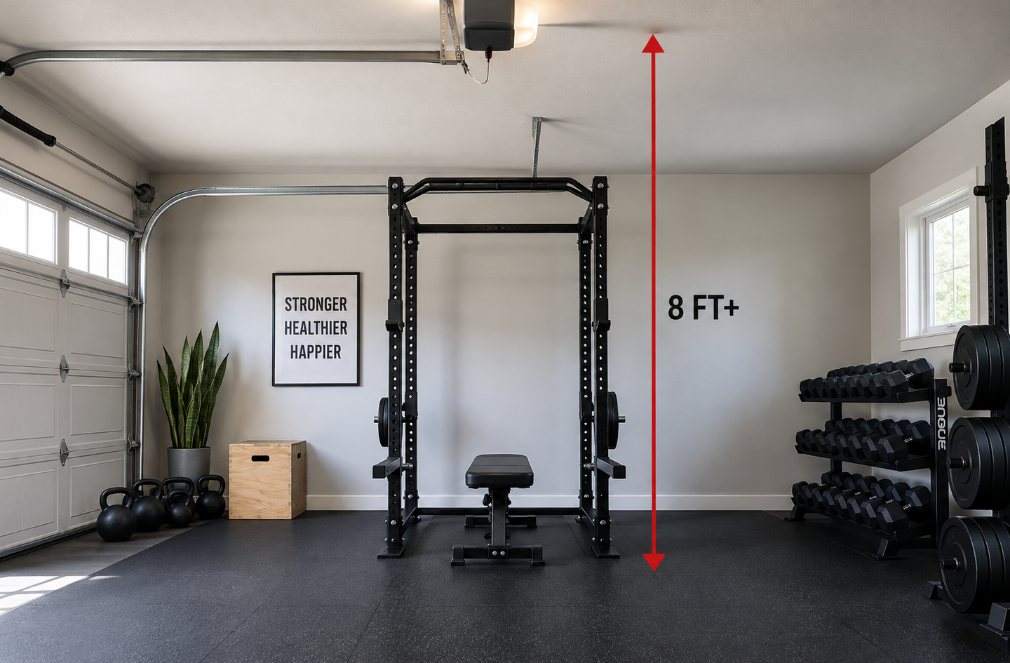 A black power rack in a home garage gym positioned under a ceiling more than 8 feet high, with a workout bench, a dumbbell rack, kettlebells and a wooden plyometric box nearby.