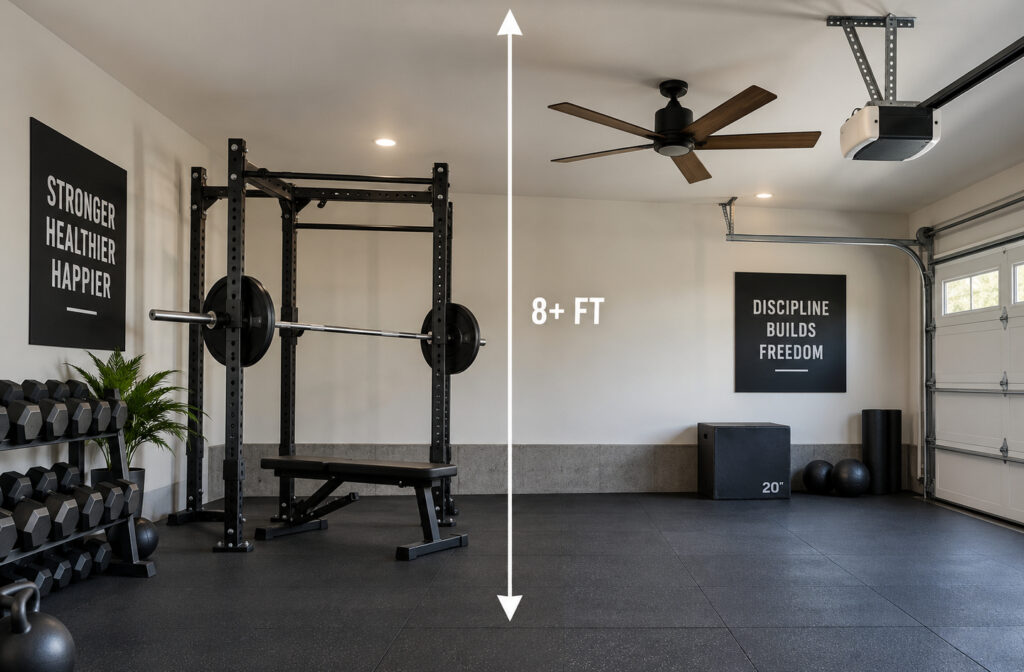 Home gym ceiling clearance planning in a garage gym with a power rack, barbell, bench, and plyometric boxes under a ceiling fan