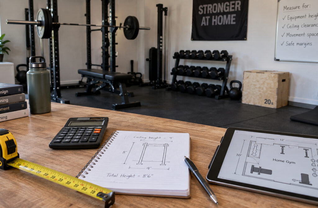 Home gym layout planning desk with a tape measure, calculator, rack sketch, and a tablet showing a floor plan in front of an equipped gym