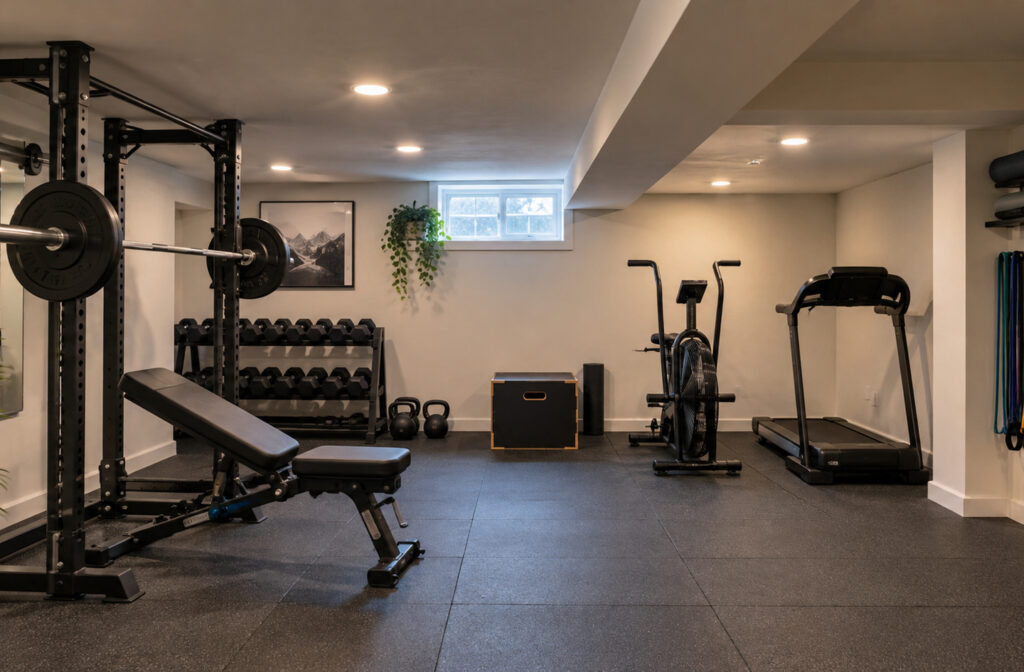 Cardio equipment placement in a basement home gym with a treadmill and exercise bike on rubber tiles beside a squat rack and dumbbell rack