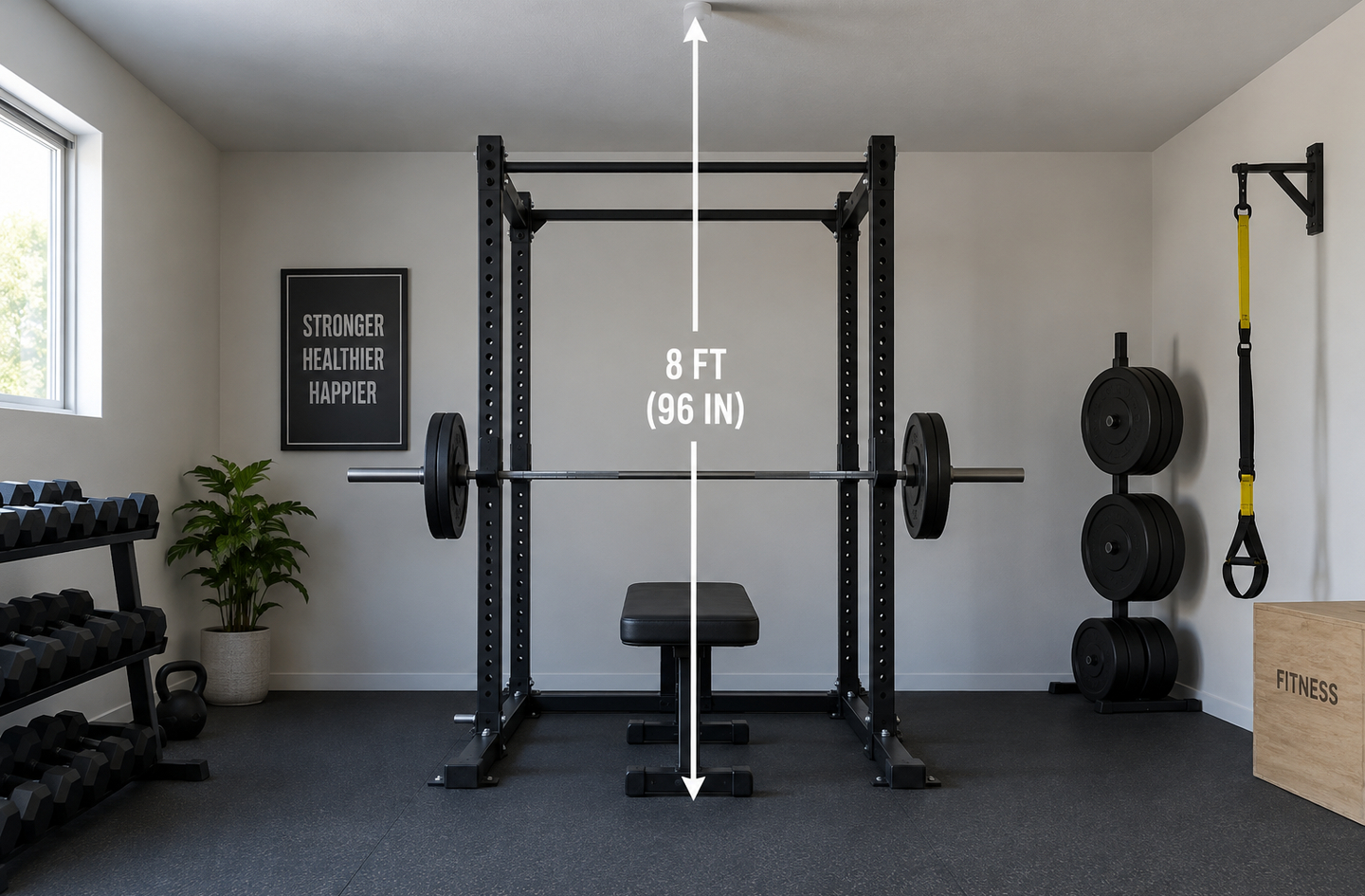 A squat rack with a loaded barbell and a flat bench in a home gym, with a vertical marker showing an 8 foot ceiling height from floor to ceiling.
