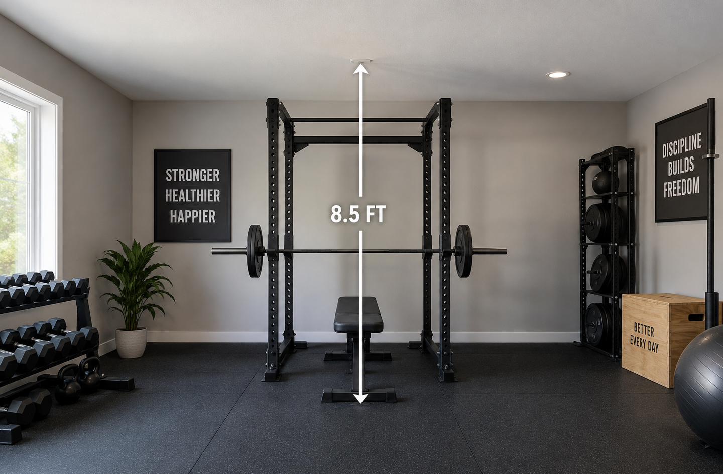 A squat rack placed centrally in a home gym with an 8.5-foot ceiling, surrounded by a weight bench, plate storage and a dumbbell rack, showing how vertical space limits overhead lifts.