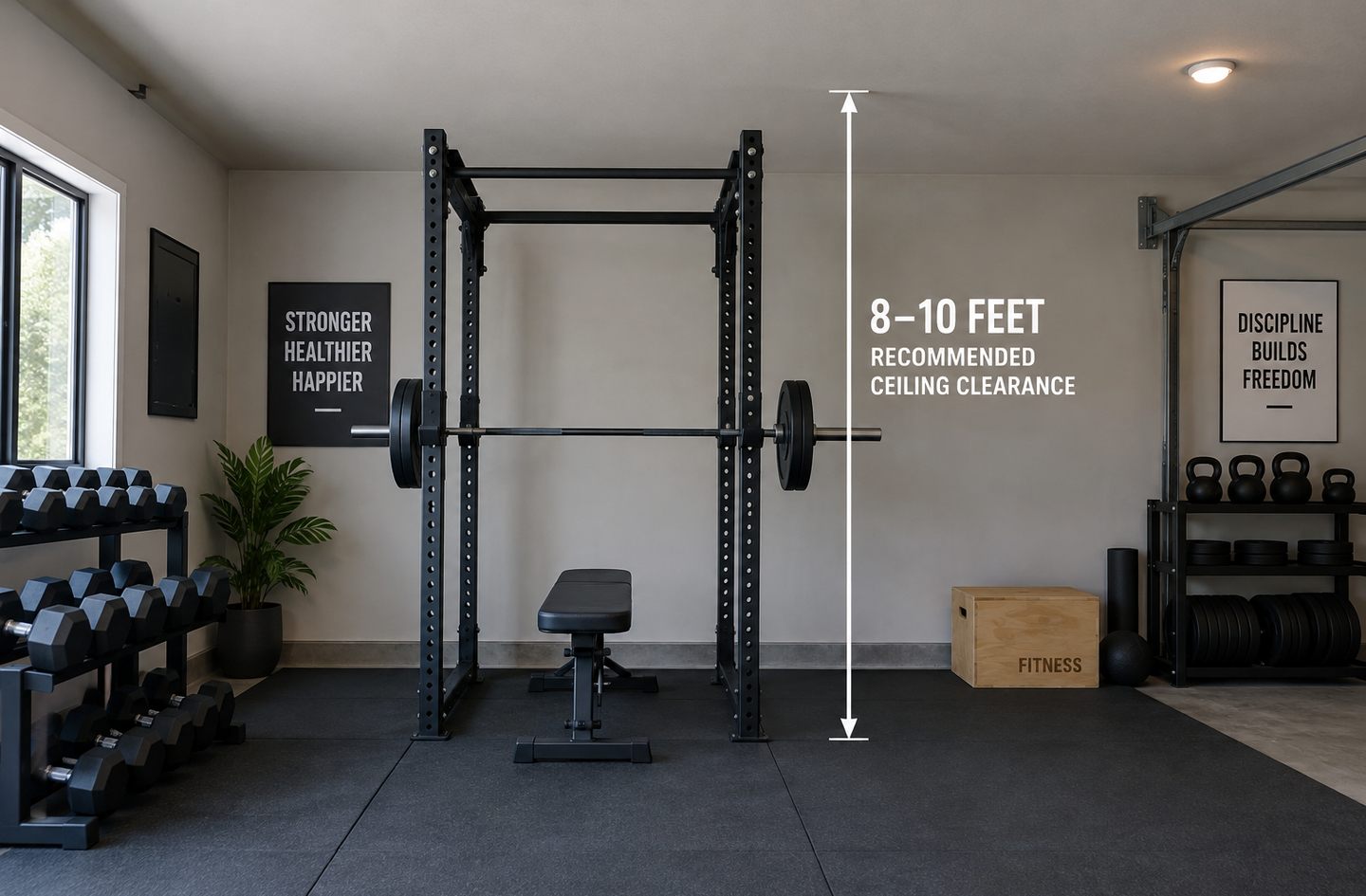 A black power rack on rubber flooring with a loaded barbell and a flat bench, with a vertical marker showing the power rack ceiling height clearance above it.