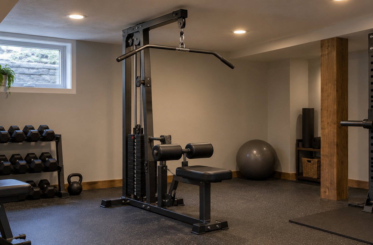 A lat pulldown machine positioned on a rubber floor near a window, with a dumbbell rack and an exercise ball nearby, in a room with clearance for overhead movement.
