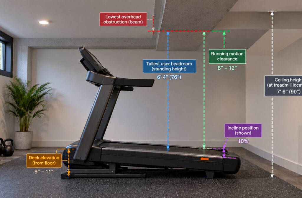 A low ceiling treadmill setup in a basement, with a diagram marking the deck elevation, the tallest user's standing height, running clearance and the lowest overhead beam.